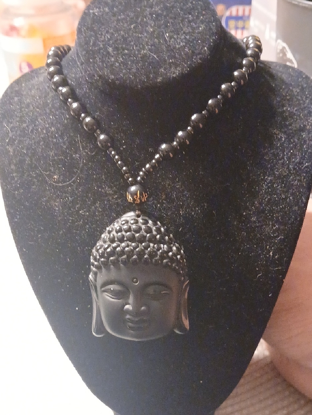 Unisex Obsidian  Black Buddha Head Beaded  13  Inches Long Hand Carved